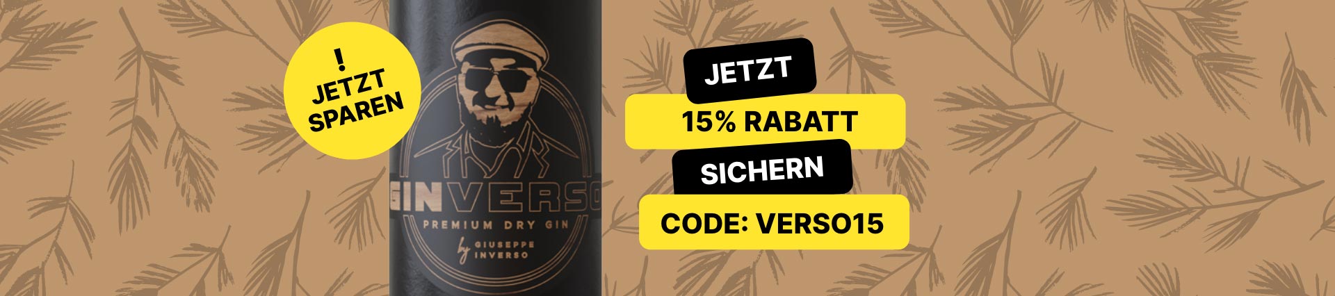 Ginverso Flasche mit Text Jetzt 15% Rabatt sichern, Code Verso15